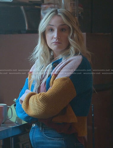 Davia’s colorblock knit cardigan on Good Trouble