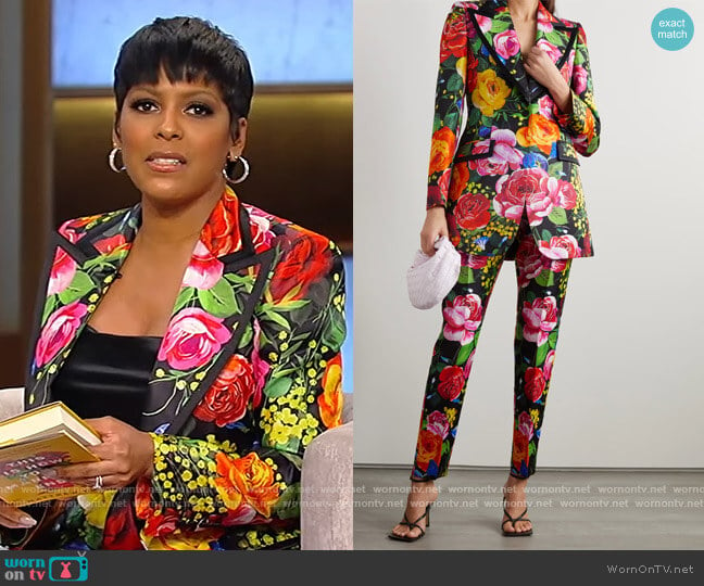 Floral-print silk-blend satin blazer and pants by Dolce and Gabbana worn by Tamron Hall on Tamron Hall Show