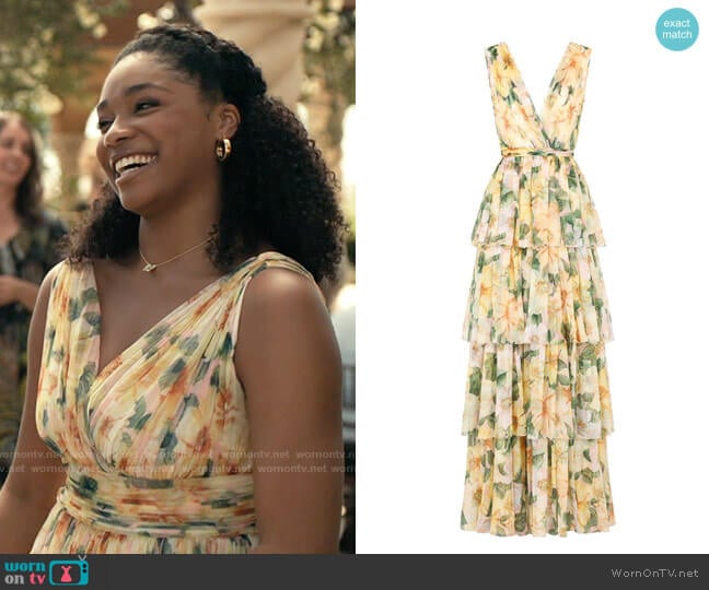 Dolce & Gabbana Camellia-print empire line dress worn by Lisa (Simone Joy Jones) on Bel-Air