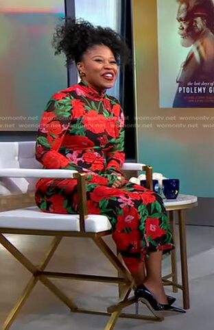 Dominique Fishback’s black and red floral turtleneck dress on Good Morning America