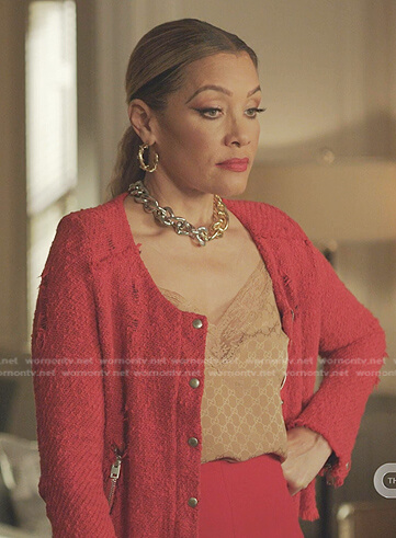Dominique's red distressed tweed jacket on Dynasty