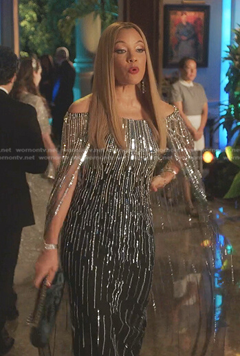 Dominique’s sequin stripe cape gown on Dynasty
