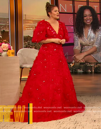 Drew’s red embellished gown on The Drew Barrymore Show
