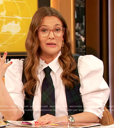 Drew’s white puff sleeve top on The Drew Barrymore Show