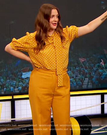 Drew’s yellow polka dot print blouse on The Drew Barrymore Show