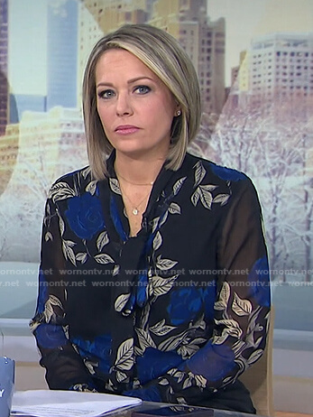 Dylan’s black and blue floral tie neck blouse on Today