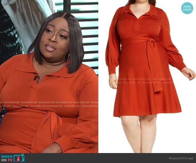 Tie Waist Split Neck Long Sleeve Sweater Dress by Eliza J worn by Loni Love on E! News