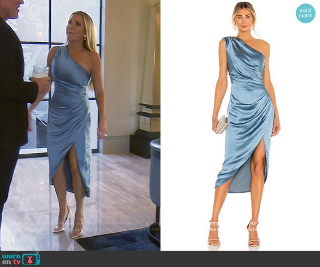 Jen's blue satin one shoulder dress on ...