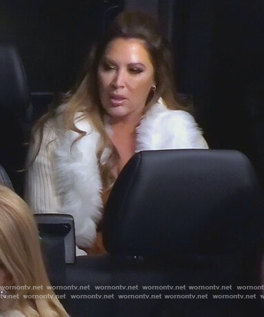Emily's white fur trim cardigan on The Real Housewives of Orange County