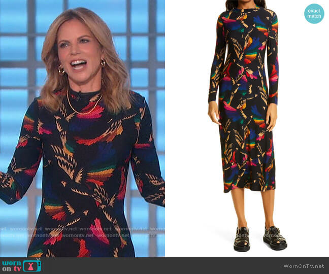 Black Macaws Flight Jersey Midi Dress by Farm Rio worn by Natalie Morales on The Talk