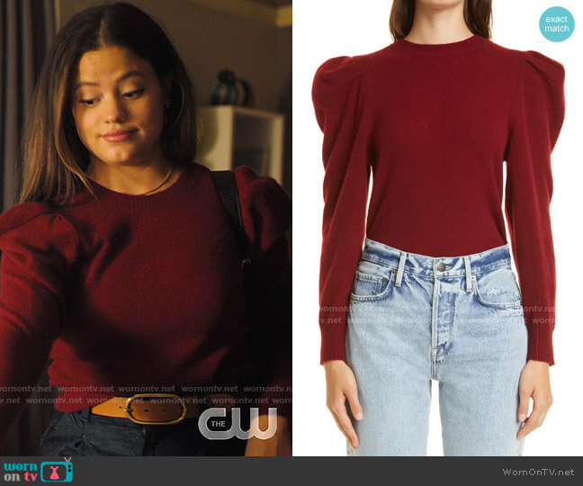 Frame Puff Shoulder Cashmere Sweater in Oxblood worn by Maggie Vera (Sarah Jeffery) on Charmed