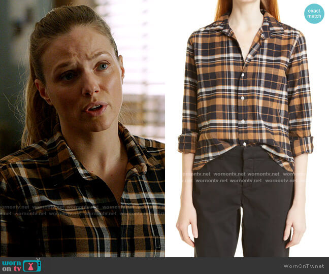 Frank & Eileen Barry Flannel Button-Up Shirt in Black Brown Camel Plaid worn by Hailey Upton (Tracy Spiridakos) on Chicago PD