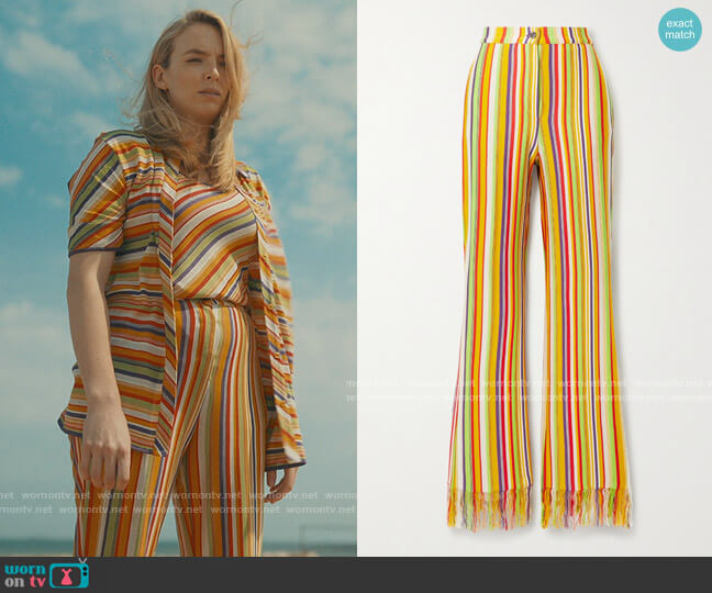 Fringed striped silk and cotton-blend straight-leg pants by Kenneth Ize worn by Villanelle (Jodie Comer) on Killing Eve