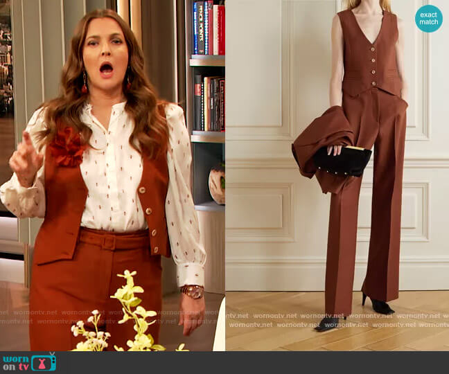 Zelos wool and silk-blend twill vest and pants by Gabriela Hearst worn by Drew Barrymore  on The Drew Barrymore Show