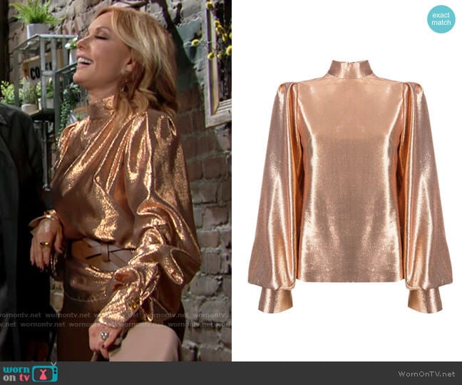 Galvan Metallic Bishop Sleeve Blouse worn by Lauren Fenmore (Tracey Bregman) on The Young and the Restless