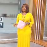 Gayle King’s yellow ribbed pleated midi dress on CBS Mornings