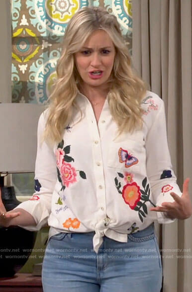 Gemma's floral and butterfly embroidered shirt on The Neighborhood