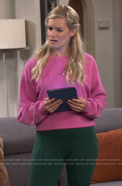 Gemma's pink sweatshirt and green leggings on The Neighborhood