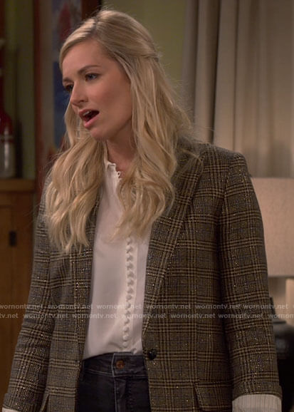 Gemma's white button up blouse and plaid blazer on The Neighborhood