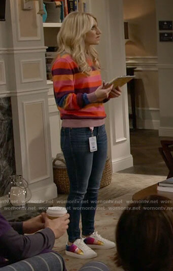 Gina’s rainbow striped sweater and sneakers on B Positive