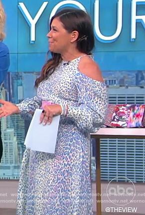 Gretta Monahan’s blue leopard cold shoulder dress on The View