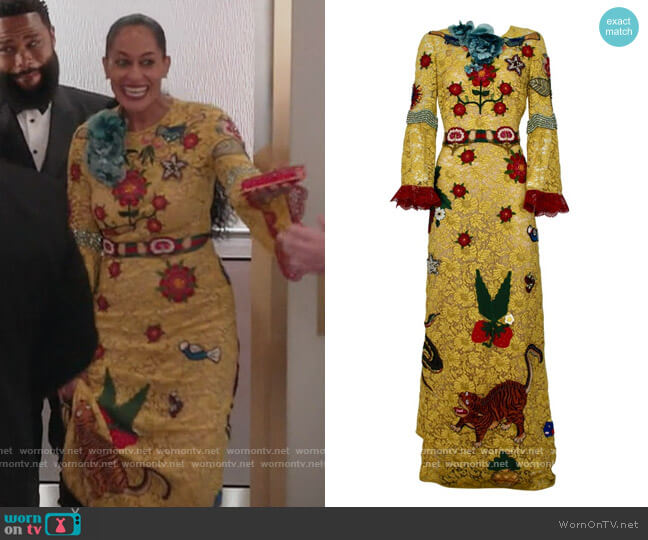 Yellow Lace Embroidered Dress by Gucci worn by Rainbow Johnson (Tracee Ellis Ross) on Blackish