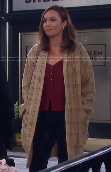 Gwen’s red top and beige plaid coat on Days of our Lives