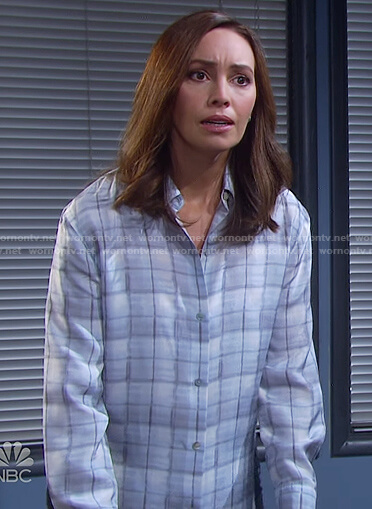 Gwen's grey check button down shirt on Days of our Lives