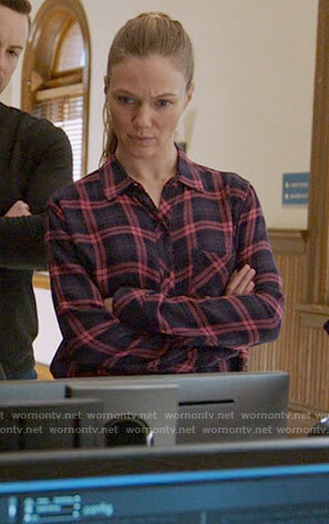 Hailey's navy and pink plaid shirt on Chicago PD