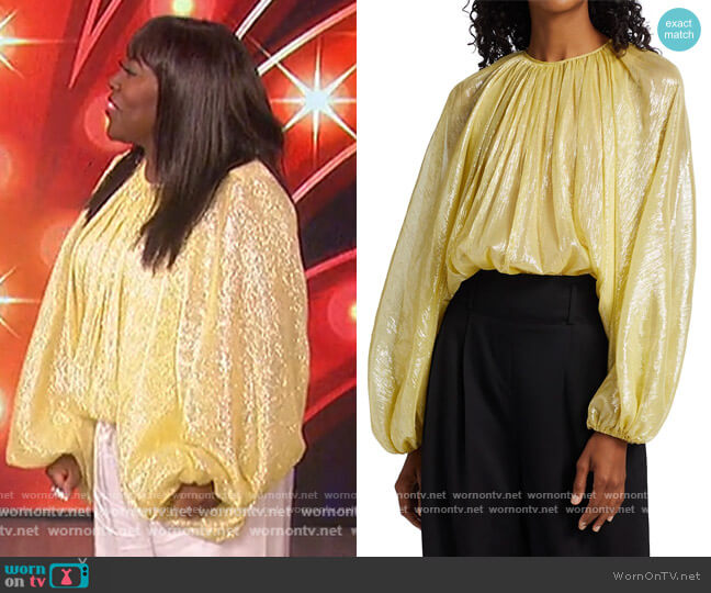 Violet Metallic Chiffon Bodysuit by Halston worn by Sheryl Underwood on The Talk