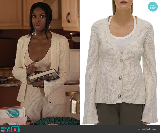 Helmut Lang Ribbed Boucle Cardigan worn by Hilary Banks (Coco Jones) on Bel-Air