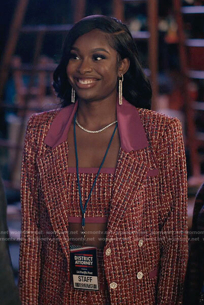 Hilary's pink and red tweed jacket and crop top set on Bel-Air