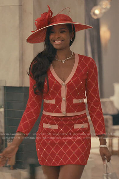 Hilary’s red embellished cardigan and skirt set on Bel-Air