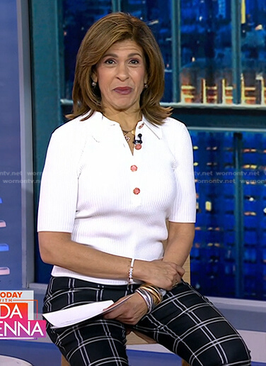 Hoda’s white ribbed polo top and black check pants on Today