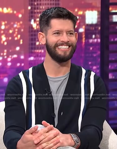 Hunter March’s navy stripe cardigan on E! News Nightly Pop