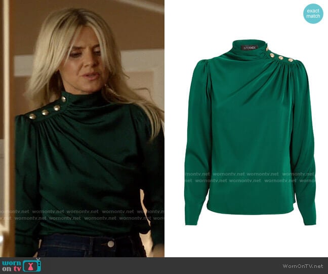 Intermix Monica Draped Silk Blouse worn by Amy (Eliza Coupe) on Pivoting