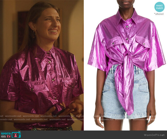 Giliggy Metallic Tie Front Cotton Shirt by Isabel Marant worn by Nomi Segal (Emily Arlook) on Grown-ish