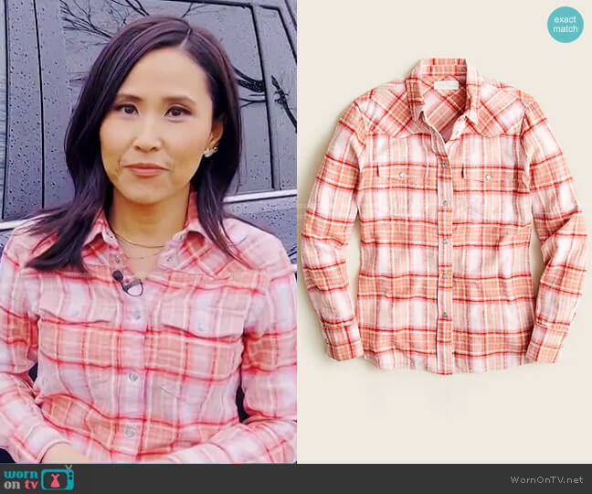 Slim-Fit Western Shirt in blush tartan flannel by J. Crew worn by Vicky Nguyen  on Today