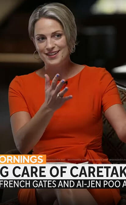 Jamie Yuccas’s orange short sleeved dress on CBS Mornings