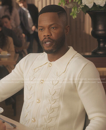 Jeff's white pearl cardigan on Dynasty