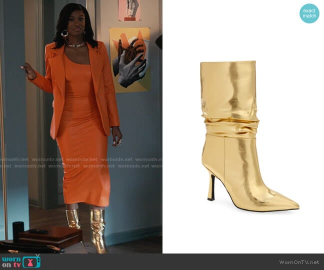 Jeffrey Campbell Guillo Gold Boot worn by Hilary Banks (Coco Jones) on Bel-Air