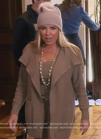 Jen's brown cardigan and sweatpants on The Real Housewives of Orange County