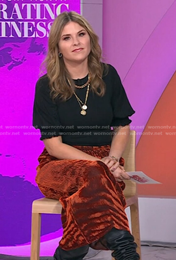 Jenna’s black top and orange velvet skirt on Today