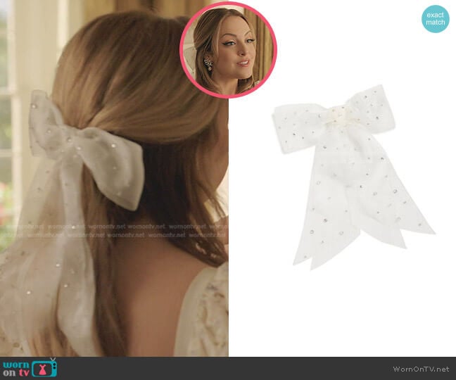 Harlow Bow Barrette by Jennifer Behr worn by Fallon Carrington (Elizabeth Gillies) on Dynasty