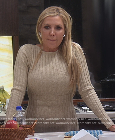 Jens' beige ribbed midi dress on The Real Housewives of Orange County