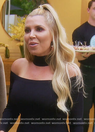 Jen’s black halter off shoulder dress on The Real Housewives of Orange County