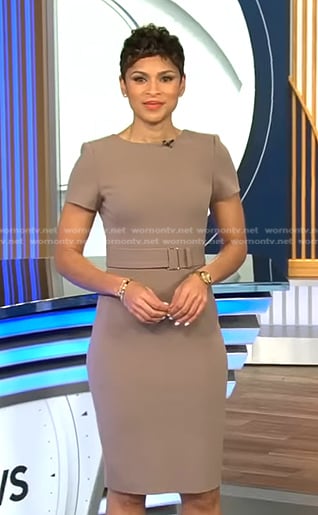 Jericka's beige belted dress on CBS Evening News