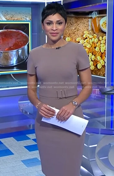 Jericka’s beige belted dress on CBS Evening News