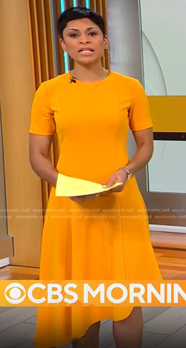 Jericka Duncan’s yellow asymmetric hem dress on CBS Mornings