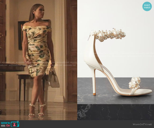 Maisel Faux Pearl-Embellished Leather Sandals by Jimmy Choo worn by Rita (Daniella Alonso) on Dynasty